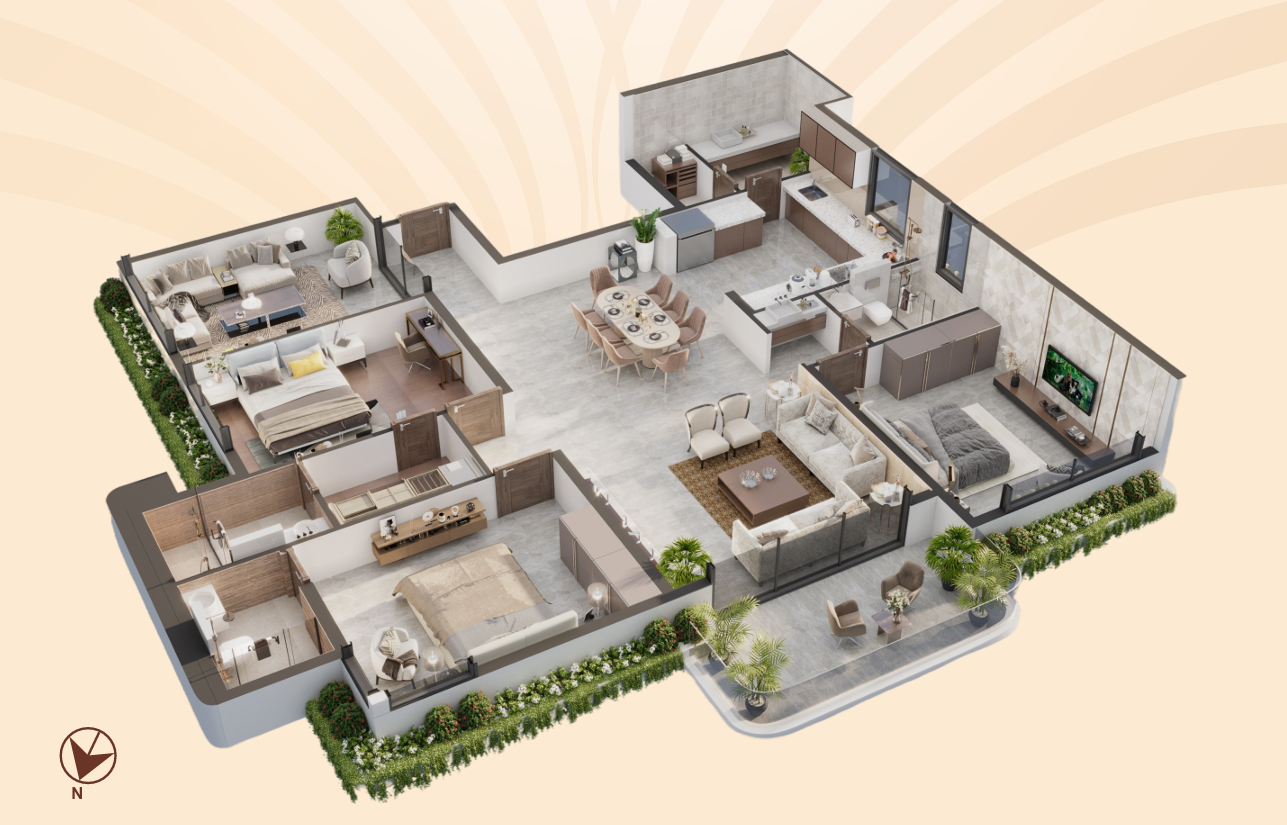 3D architectural cut-section plan of 3 BHK 2,859 sq ft apartment interior space arrangement