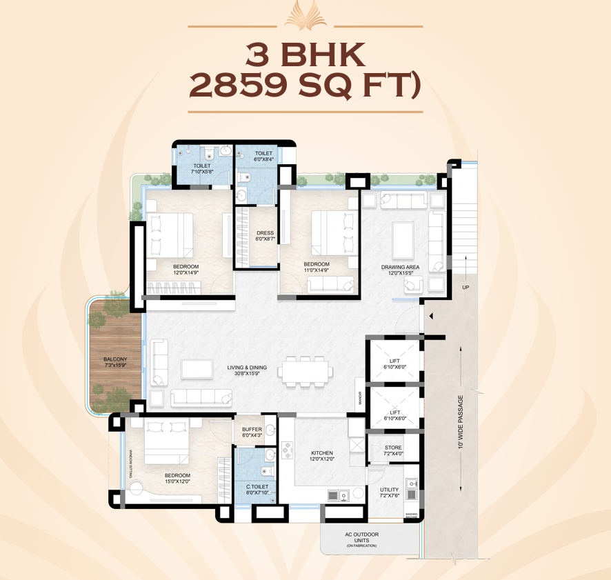 2D floor plan map for 3 BHK 2,859 sq ft apartment with Vastu-friendly layout and servant room
