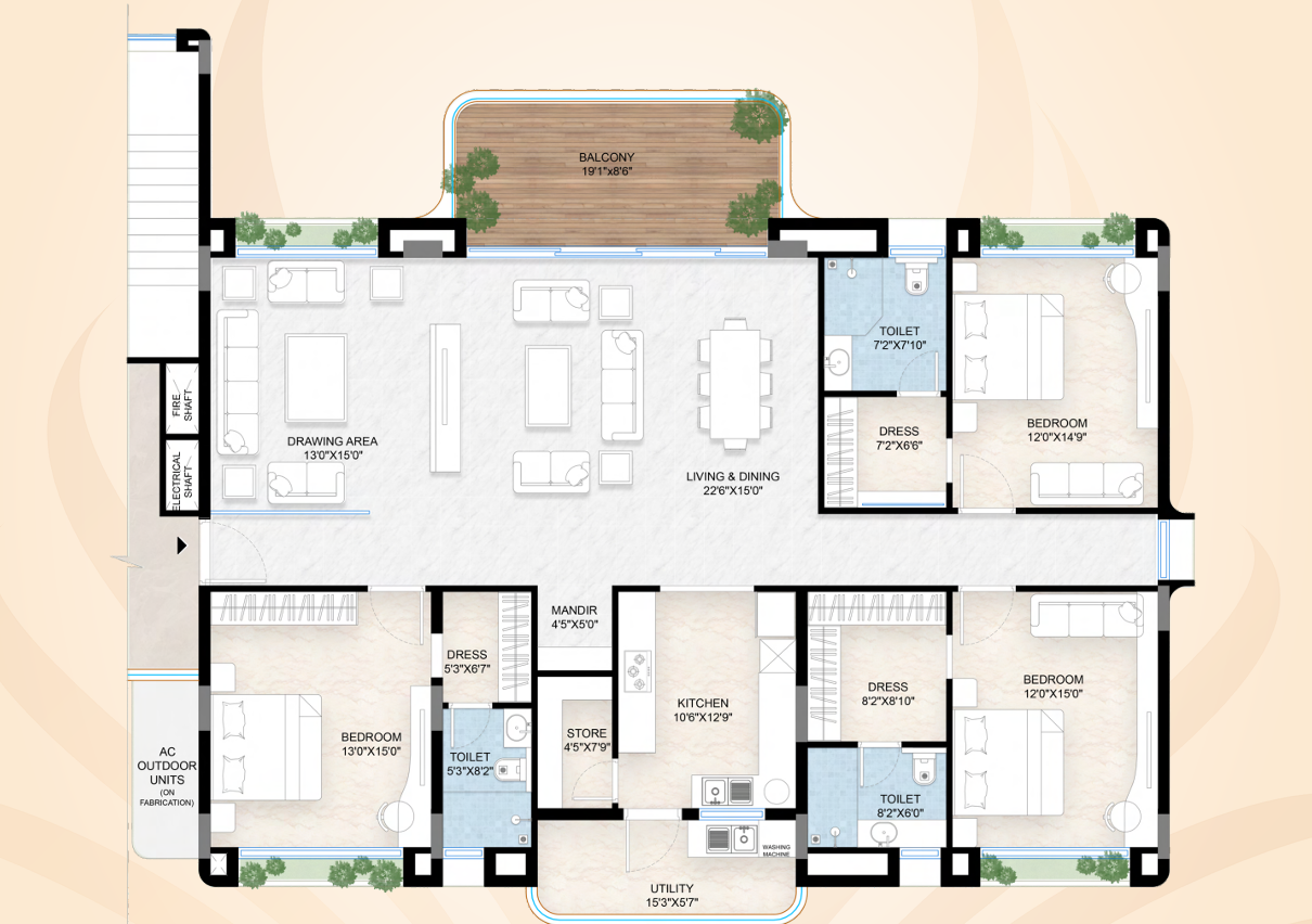 2D floor plan layout for 3 BHK 3,237 sq ft variant highlighting 3-side open orientation