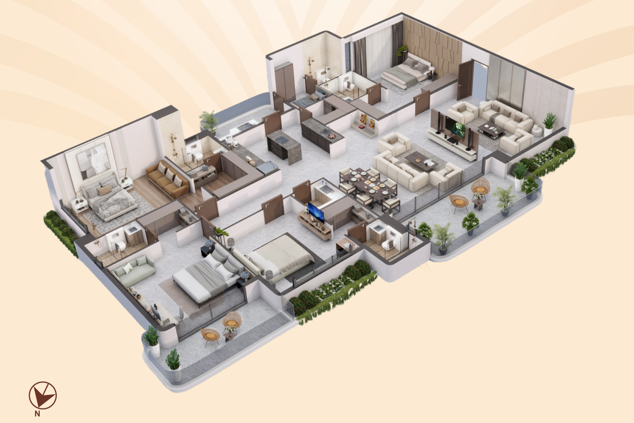 Top-down 3D isometric cut-section render of 4 BHK 4,330 sq ft luxury sky residence