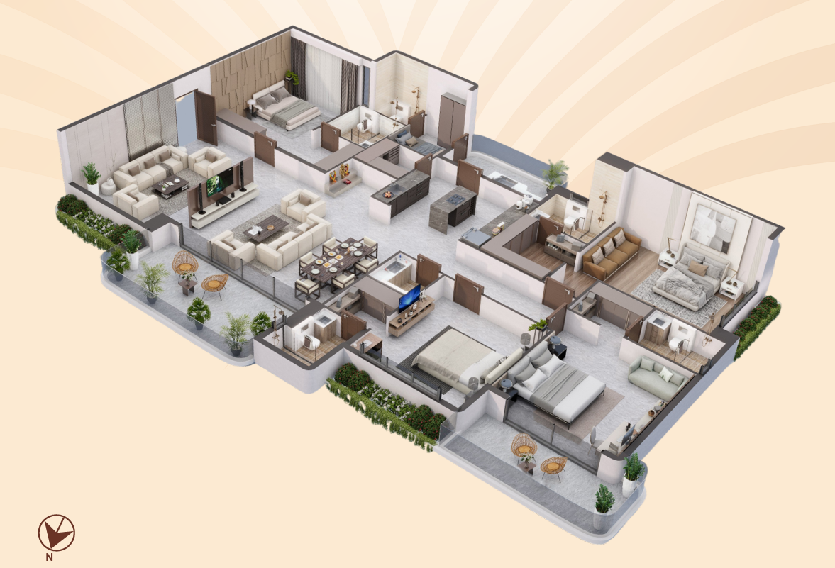 Angled 3D architectural interior visualization of 4 BHK unit demonstrating room layout and balcony connection
