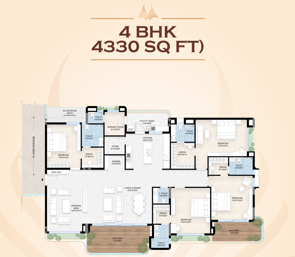 Detailed 4 BHK floor plan layout showcasing 23-ft balcony, servant room, store room, and kitchen