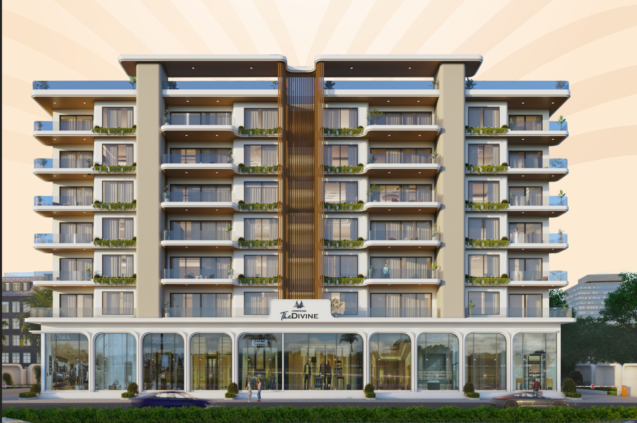 Front elevation view of Shri Krishna The Divine luxury apartment tower in Indore.