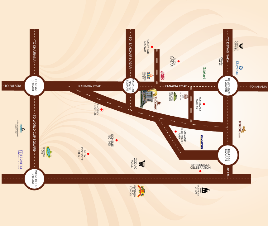 Location map and connectivity guide showing nearby landmarks along Kanadia Road, Scheme 140, and Bicholi Square