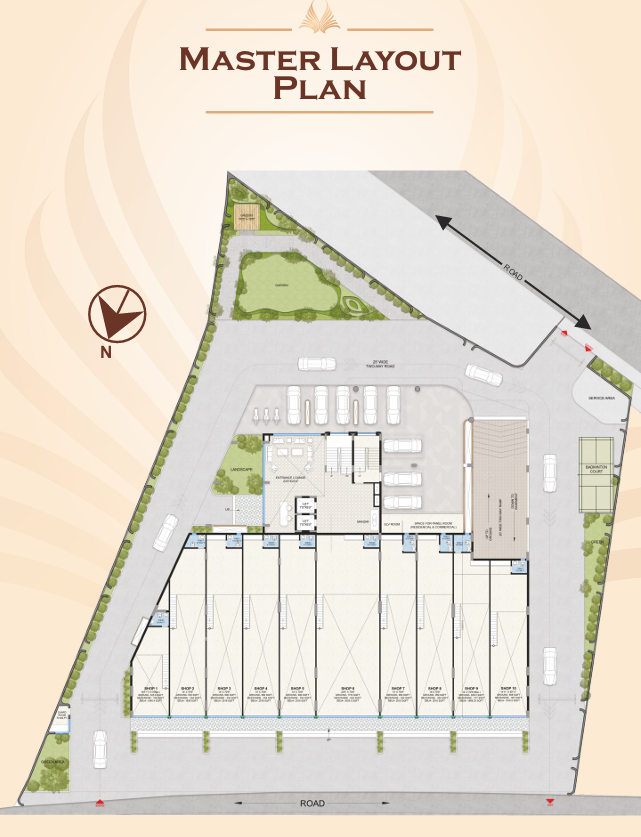 Master layout plan of Shri Krishna The Divine highlighting entry roads, parking zones, and amenity areas