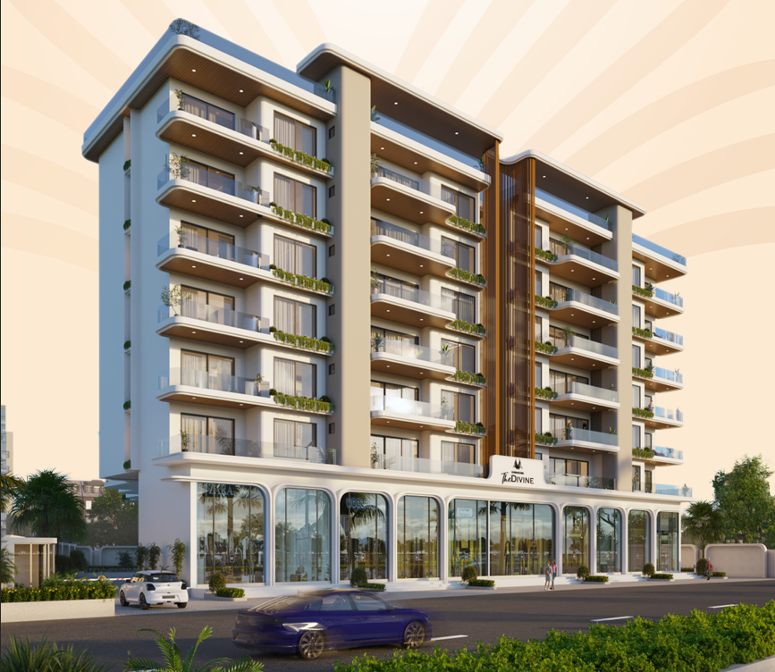 Left side architectural elevation showing 3-side open layout and layered open balconies
