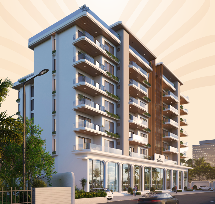 Right side view showcasing 23-foot open balconies and exterior building facade