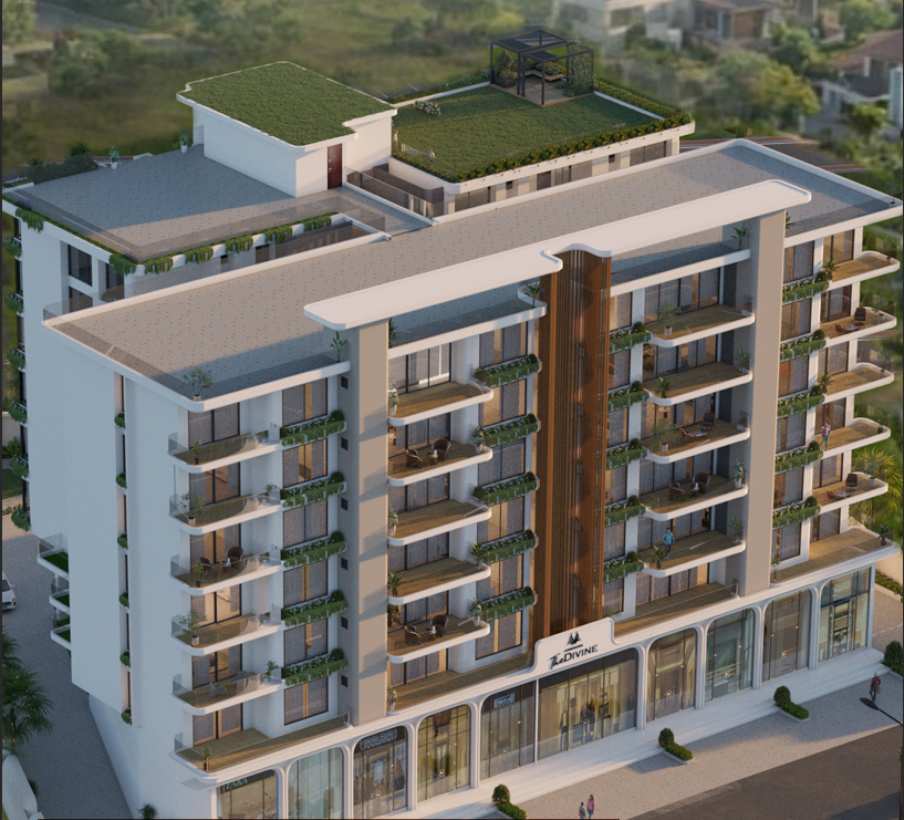 Aerial top-down view of Shri Krishna The Divine building footprint and rooftop terrace garden