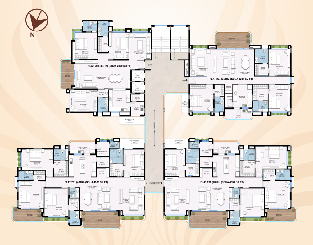 Typical floor plan diagram illustrating apartment placement, central lift lobby, and wide passages