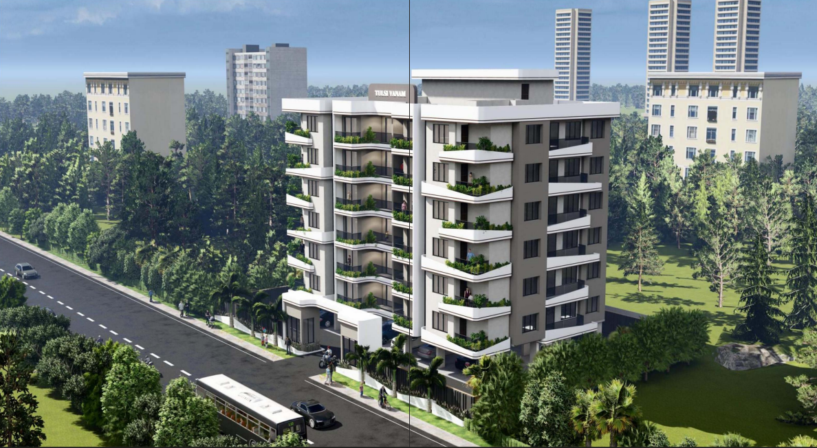 Architectural two-side exterior elevation view of Tulsivanam Greens 24-unit covered campus in Indore-2
