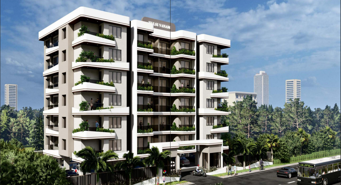 Architectural two-side exterior elevation view of Tulsivanam Greens 24-unit covered campus in Indore