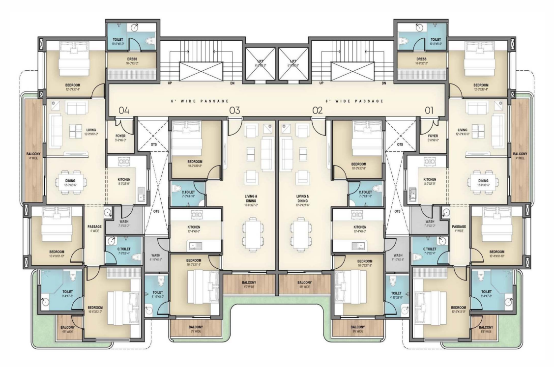 Even floor layout plan for 2nd, 4th, and 6th floors showing unit balconies and room dimensions at Tulsivanam Greens