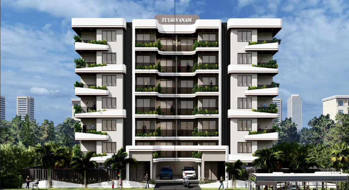 Front elevation view of Tulsivanam Greens luxury residential building near Kanadia Road, Indore