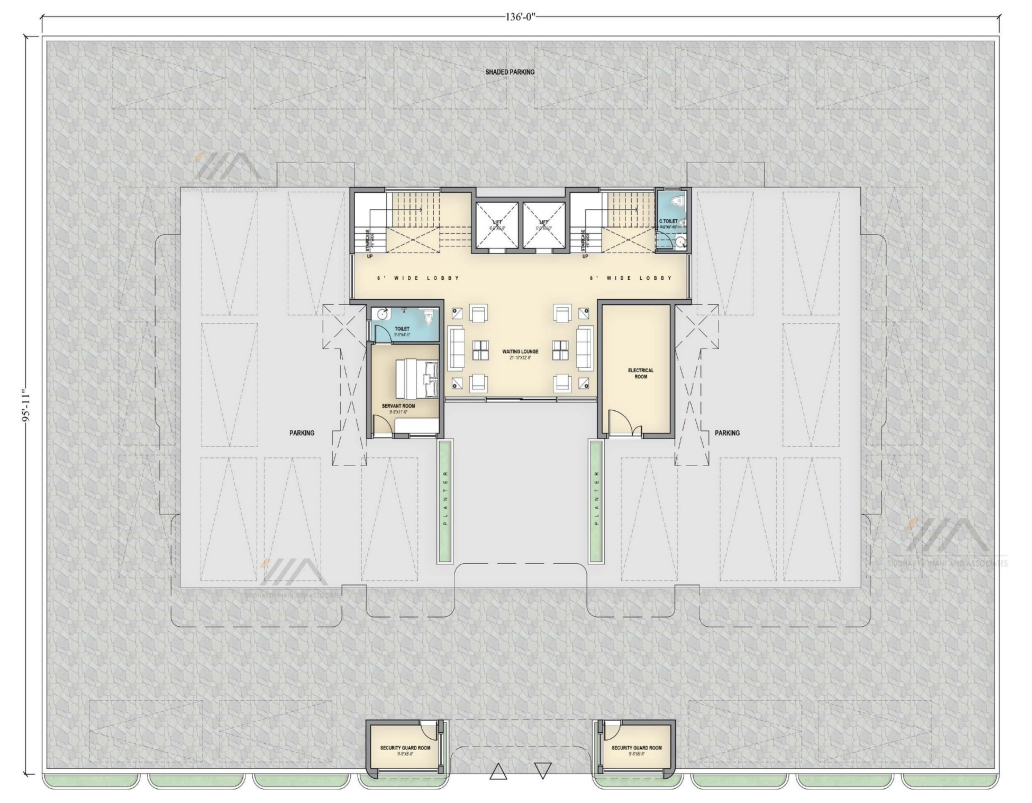 Ground floor layout plan showing parking bay, EV charging points, and entrance lobby at Tulsivanam Greens